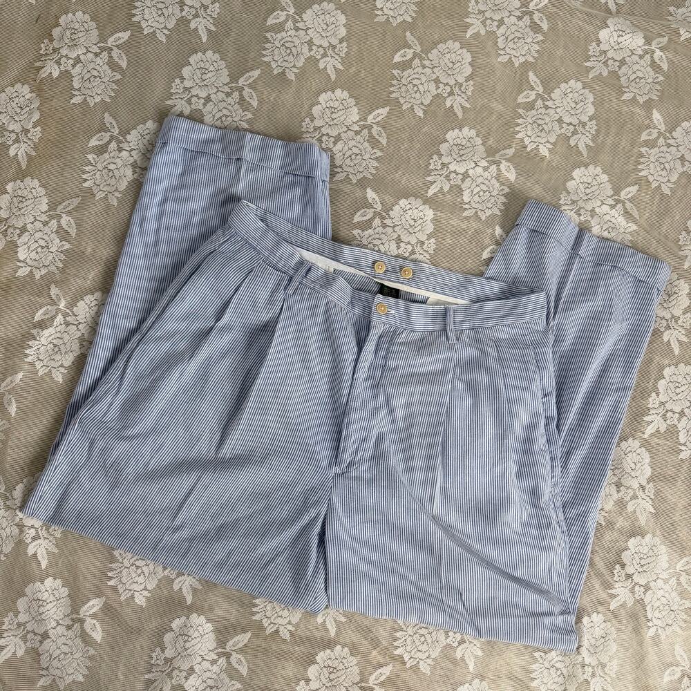 Vintage Great Gatsby Blue & White Striped Pleated Trousers Size 36x30